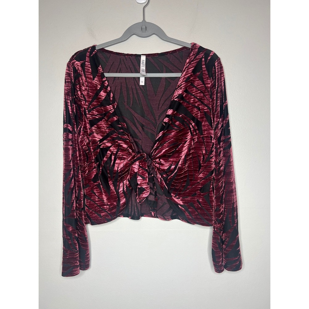 Y2K Burgundy Palm Print Tie Front Bell Sleeve Crop Top Plus 1X Boho Fairy Grunge